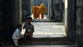 Angkor Wat Children and Buddhist Monks inside the Temples, Siem Reap